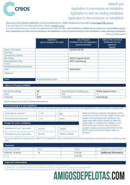 Em branco modelo de fatura de serviços públicos de gás Creos de Luxemburgo em formatos Word e PDF